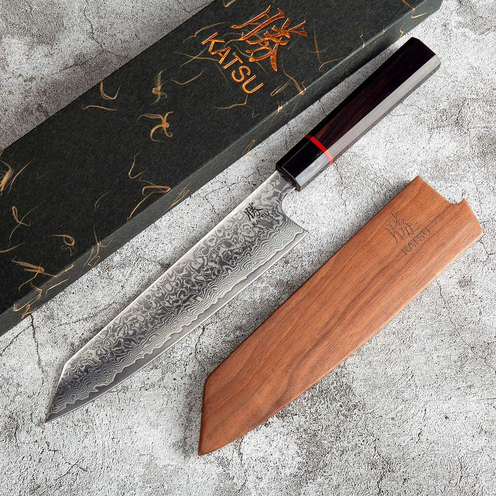 KATSU Kiritsuke Chef Knife - Damascus - Japanese Kitchen Knife - 8-Inch - Handcrafted Octagonal Handle - Wood Sheath & Gift Box (Kritsuke Knife)