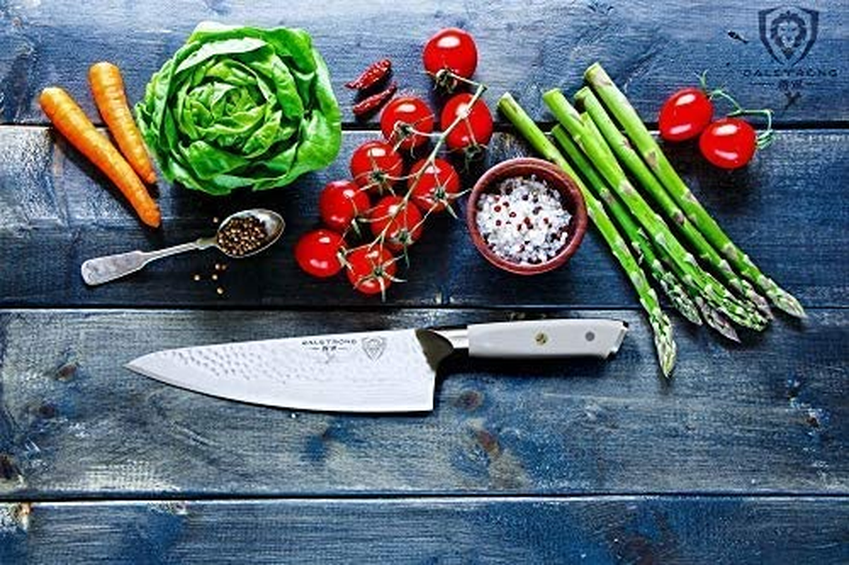 DALSTRONG Chef Knife - 8 Inch - Shogun Series - Damascus - Japanese AUS-10V Super Steel Kitchen Knife - White Handle - Razor Sharp Knife - W/Sheath
