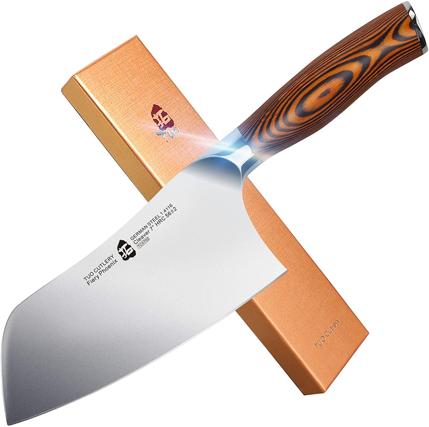 TUO Vegetable Cleaver- Chinese Chef’S Knife - Stainless Steel Kitchen Cutlery - Pakkawood Handle - Gift Box Included - 7 Inch - Fiery Phoenix Series