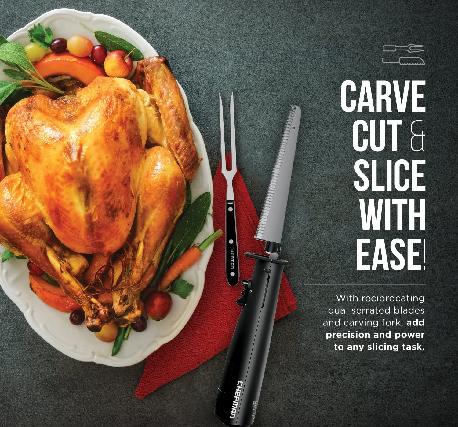Chefman Electric Knife with Bonus Carving Fork & Space Saving Storage Case Included One Touch, Durable 8 Inch Stainless Steel Blades, Rubberized Black Handle, BPA Free, 120 Volts and Watts