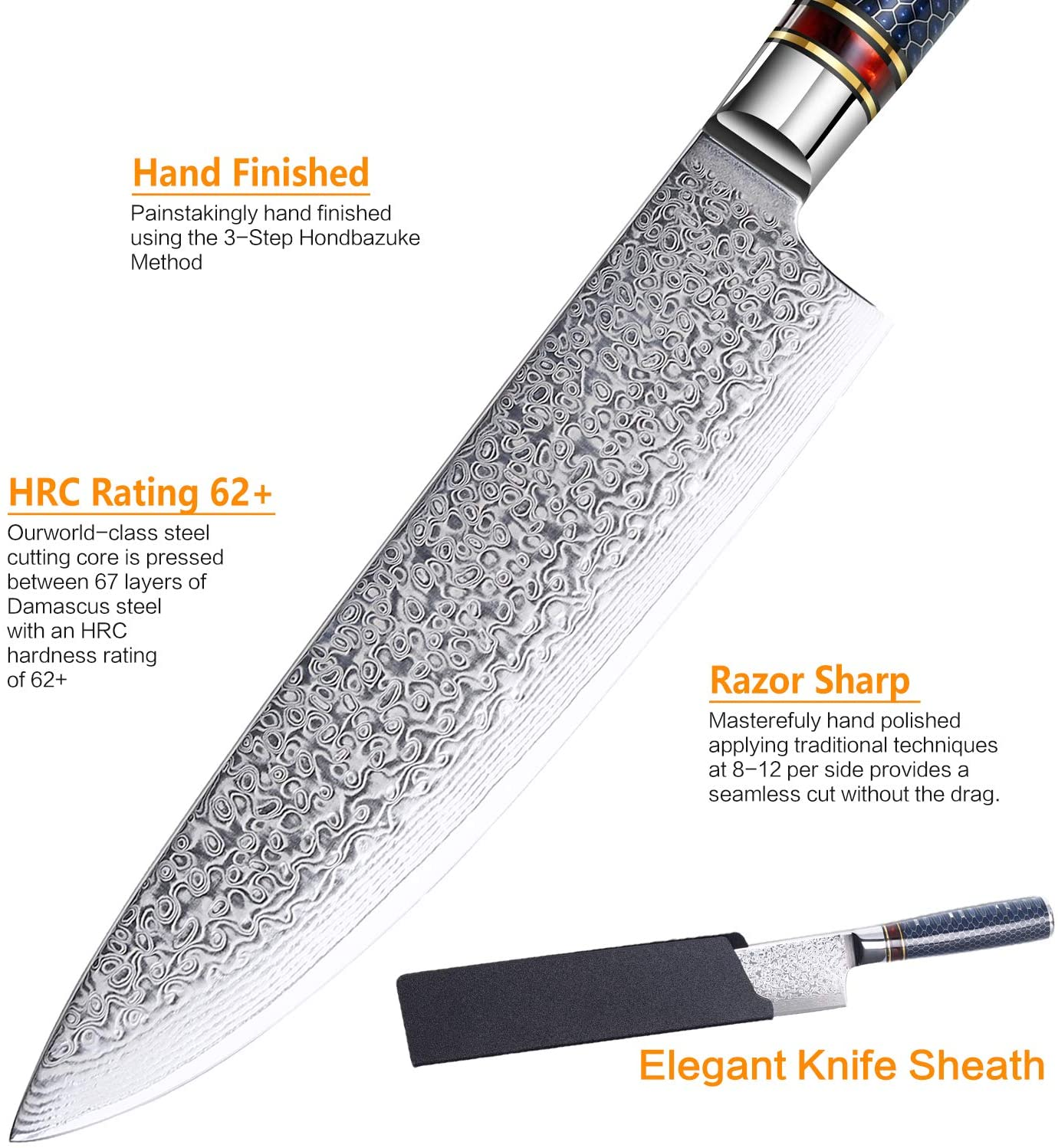 WEKIT Chef Knife 8 Inch Damascus Chefs Knife Japanese VG10 Kitchen Knife Sharpest 67-Layer High Carbon Stainless Steel Knife, Pro Cooking Knife, Meat Cutting Gyuto Chef Knife with Sheath(Type 1)