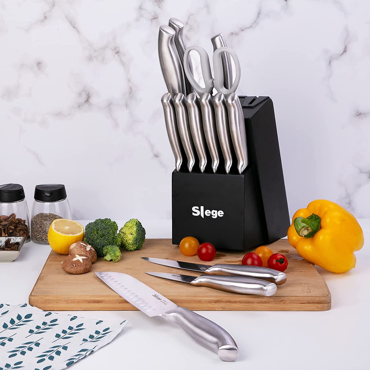 Knife Set, 15 Pcs Kitchen Knife Set with Built-In Sharpener, Stainless Steel Knife Block Set, Professional Chef Knife Set for Kitchen