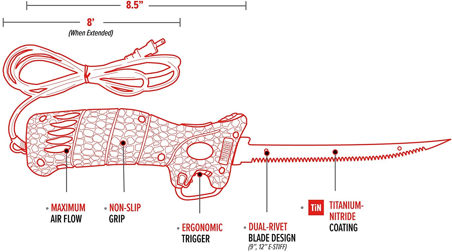 Bubba 110V Electric Fillet Knife with Non-Slip Grip Handle, 4 Ti-Nitride S.S. Coated Non-Stick Reciprocating Blades, 8' Cord and Storage Case for Fishing