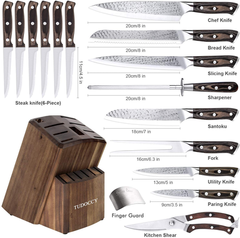 Image of Kitchen Knife Set, 16-Piece Knife Set with Built-In Sharpener and Wooden Block, Precious Wengewood Handle for Chef Knife Set, German Stainless Steel Knife Block Set, Ultra Sharp Full Tang Forged