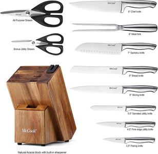 Mccook MC35 Knife Sets,11 Pieces German Stainless Steel Hollow Handle Self Sharpening Kitchen Knife Set in Acacia Block