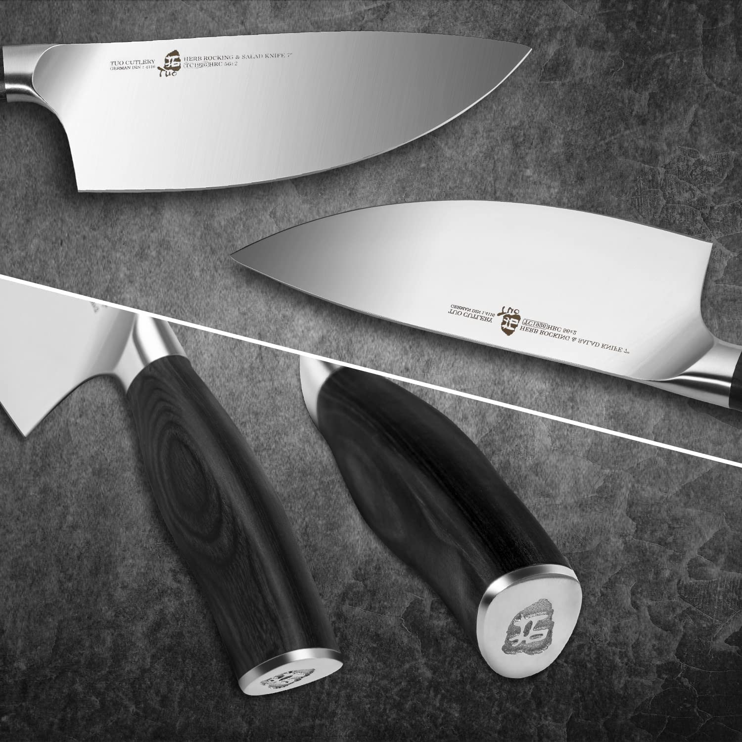 TUO Herb Rocking&Salad Knife- 7 Inch Vegetable Cleaver, German HC Steel Ergonomic Pakkawood Handle Gift Box Cutlery, Fiery Phoenix Series - Black