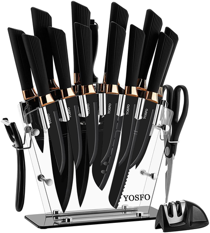 Image of Kitchen Knife Set with Block, Knives Set with Acrylic Stand, 17Pcs Stainless Steel Knife Block Set Includes Serrated Steak Knives Set, Chef Santoku Knives, Scissor, Sharpener and Knife Holder