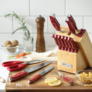 Mccook MC24 15 Pieces Stainless Steel Kitchen Knife Sets with Wooden Block, Kitchen Scissors and Built-In Sharpener, Red