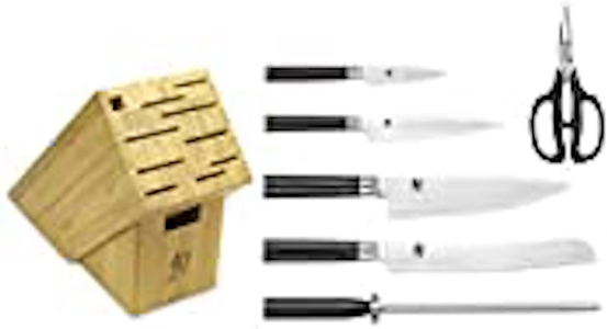 Shun Cutlery Classic 7-Piece Essential Block Set; 11-Slot Bamboo Block, 3.5-Inch Paring Knife, 6-Inch Utility Knife, 8- Inch Chef’S Knife, 9-Inch Bread Knife, Herb Shears, Combination Honing Steel