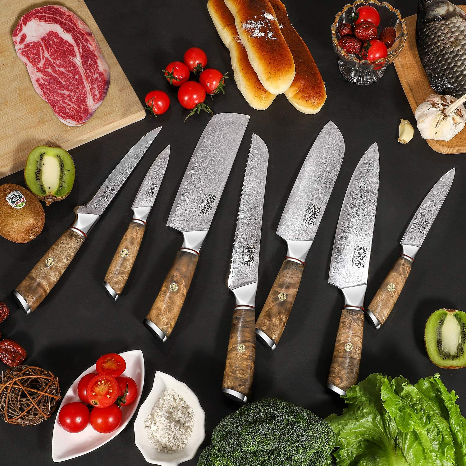 Knife Set Block - 8 Piece Chefs Knife Set - Damascus Steel VG10 Japanese Stainless Steel Home Kitchen Knife Set with Shadow Wood Handle&Unviersal Walnut Block