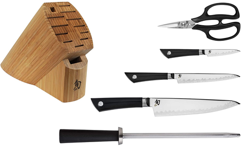 Shun Sora 6-Piece Block Set Including 3.5-Inch Paring Knife, 6-Inch Utility Knife, 8-Inch Chef’S Knife, Herb Shears, Combination Honing Steel and 11-Slot Bamboo Block; Stainless Steel Knife Set