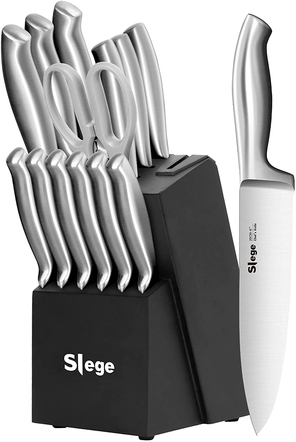 Knife Set, 15 Pcs Kitchen Knife Set with Built-In Sharpener, Stainless Steel Knife Block Set, Professional Chef Knife Set for Kitchen