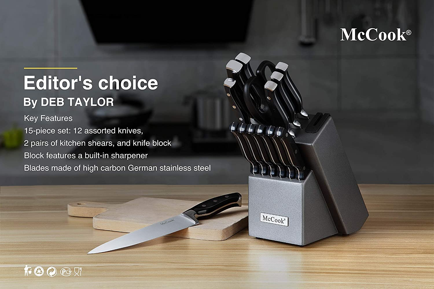 Mccook MC25A Knife Sets,15 Pieces German Stainless Steel Kitchen Knife Block Set with Built-In Sharpener