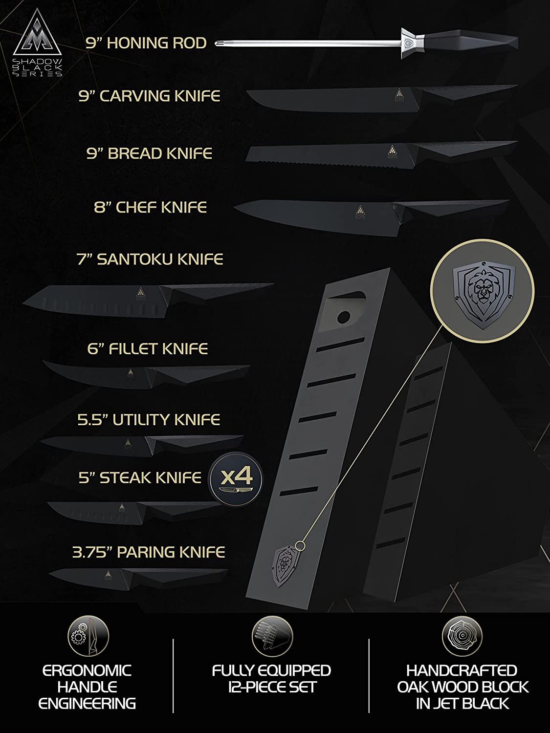 DALSTRONG Knife Block Set - 12-Piece - Shadow Black Series - Black Titanium Nitride Coated - High Carbon - 7CR17MOV-X Vacuum Treated Steel - NSF Certified