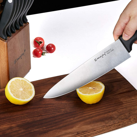 Image of Knife Set 15-Piece Kitchen Knife Set with Sharpener Wooden Block and Serrated Steak Knives,Emojoy Germany High Carbon Stainless Steel Knife Block Set