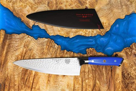 DALSTRONG Chef Knife - 8 Inch - Shogun Series - Damascus - Japanese AUS-10V Super Steel Kitchen Knife - Blue Handle - Razor Sharp Knife - W/Sheath