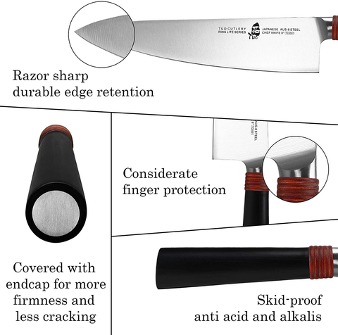 Image of TUO Chef Knife 8 Inch Kitchen Knife Cooking Knife Chef'S Knife Pro Japanese Gyuto Knife for Vegetable Fruit and Meat, AUS-8 High Carbon Stainless Steel with Ergonomic Handle Gift Box, Ring Lite Series