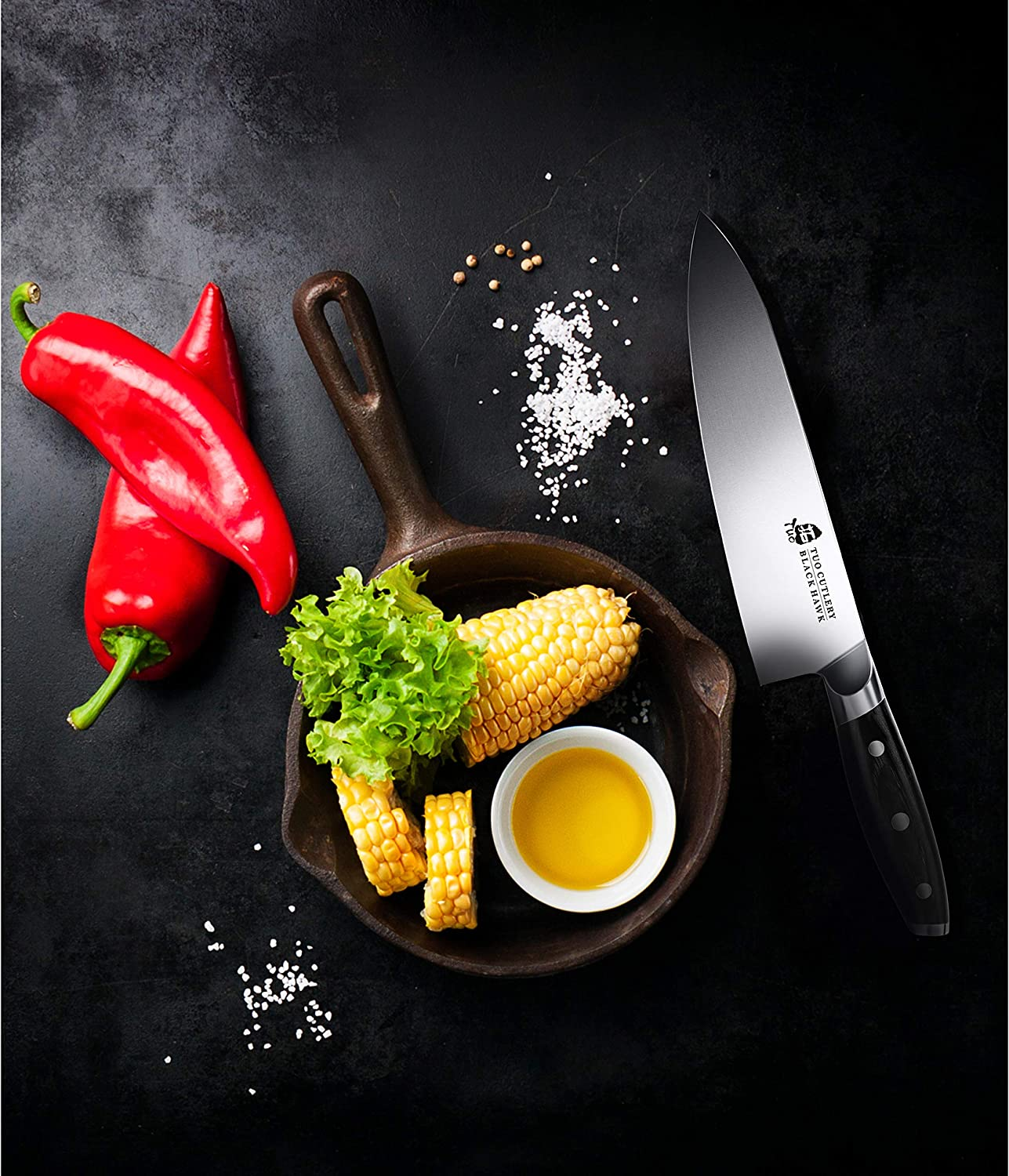 TUO Chef Knife - 8 Inch Kitchen Chefs Knives Professional Cooking Knife - German HC Steel - Full Tang Pakkawood Handle - BLACK HAWK SERIES with Gift Box