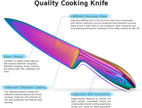 Image of WELLSTAR Rainbow Knife Set 14 Pieces, Iridescent German Stainless Steel Kitchen Knives Set with Wooden Block, Colorful Titanium Coating, Chef’S Knife Block Set with Scissors and Built-In Sharpener