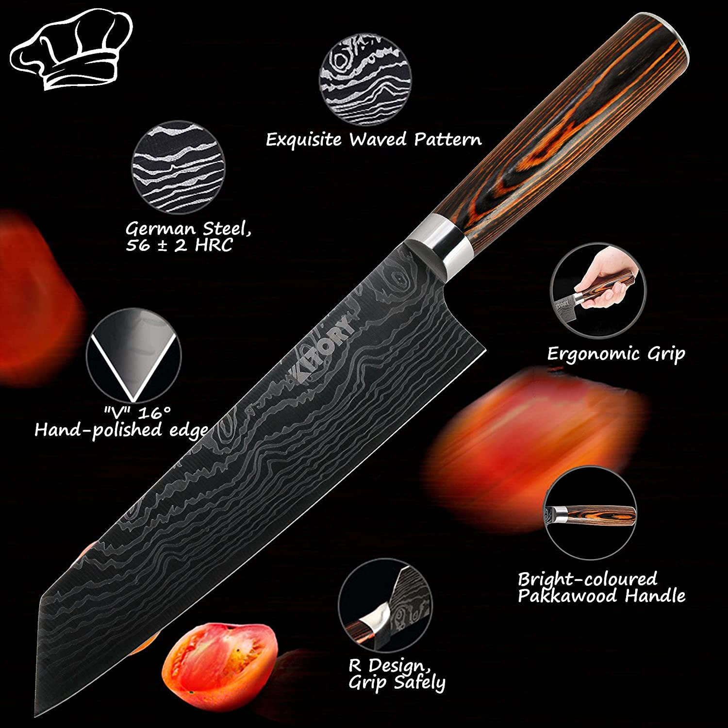 KITORY Kiritsuke Knife Chef`S Knife 7.5" Damascus Pattern Japanese Kitchen Knives with Sheath for Meats, Sushi and Vegetables, German HC Steel, Pakkawood Handle for Home&Restaurant-Flamingo SERIES