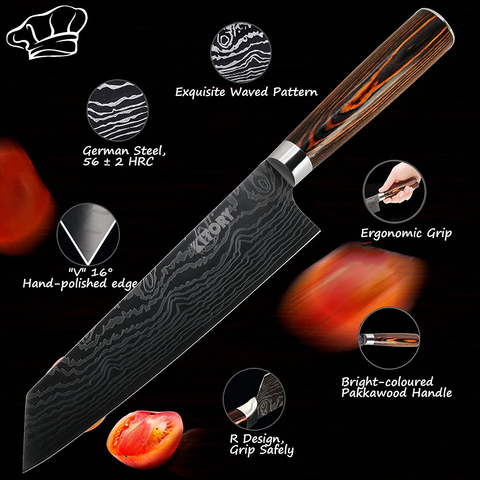 Image of KITORY Kiritsuke Knife Chef`S Knife 7.5" Damascus Pattern Japanese Kitchen Knives with Sheath for Meats, Sushi and Vegetables, German HC Steel, Pakkawood Handle for Home&Restaurant-Flamingo SERIES