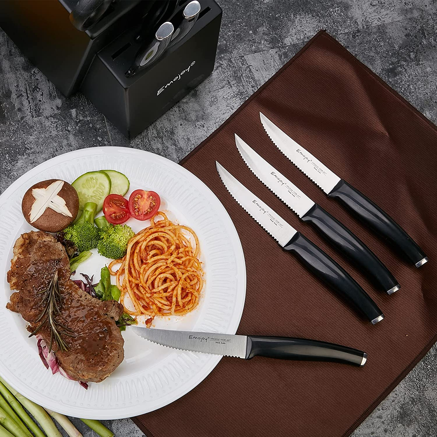 Knife Set with Block, 22 Pcs Kitchen Knife Set with Sharpener Black, German Stainless Steel Knives Set with Carving Fork Steak Knives, High Carbon Full Tang Knives Set