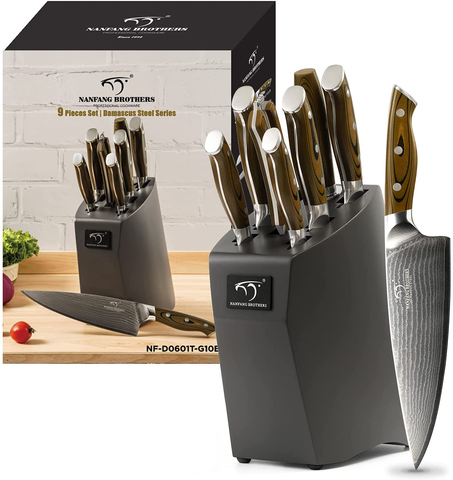Image of Kitchen Damascus Knife Set, 9-Piece Kitchen Knife Set with Block, Non-Slip G10 Ergonomic Triple Rivet Handle for Chef Knives, Knife Sharpener and Kitchen Shears, Natural Wood Block (Black)