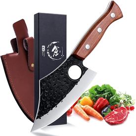 Purple Dragon Meat Cleaver Boning Knife Hand Forged Butcher Chef Knife Fillet Knife High Carbon Steel Full Tang with Leather Sheath Outdoor Knife for Kitchen Camping BBQ