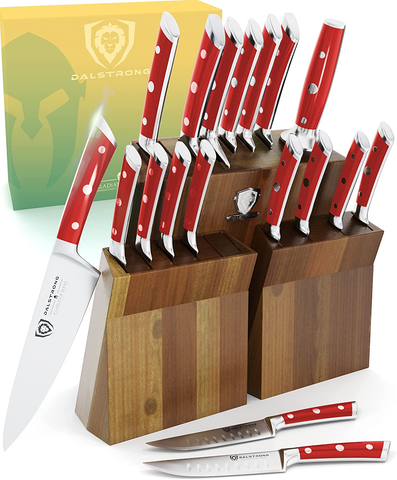Image of DALSTRONG Knife Set Block - 18-Pc Colossal Knife Set - Gladiator Series - German HC Steel - Red ABS Handles - Acacia Wood Stand - NSF Certified