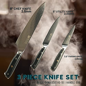 Damascus Professional Knife Set of 8-Inch Chef Knife, 5-Inch Utility Knife 3.5-Inch Paring Knife