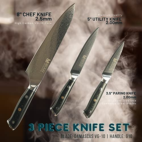 Image of Damascus Professional Knife Set of 8-Inch Chef Knife, 5-Inch Utility Knife 3.5-Inch Paring Knife