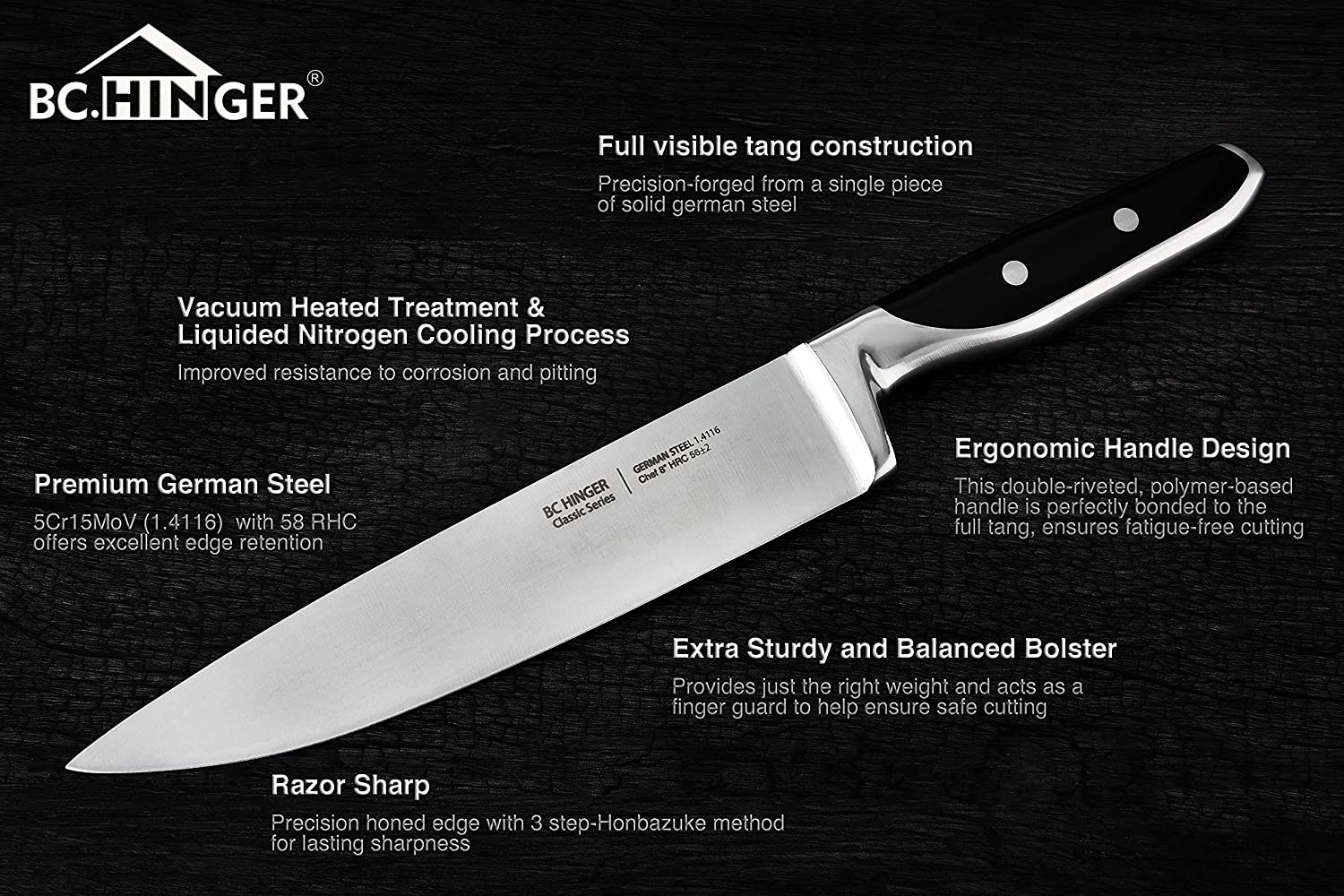 BC.HINGER Professional Chef Knife, 8 Inch Pro Kitchen Knife, German High Carbon Stainless Steel Knife with Ergonomic Handle and Gift Box,Ultra Sharp Blade,Suitable for All Cutting Task
