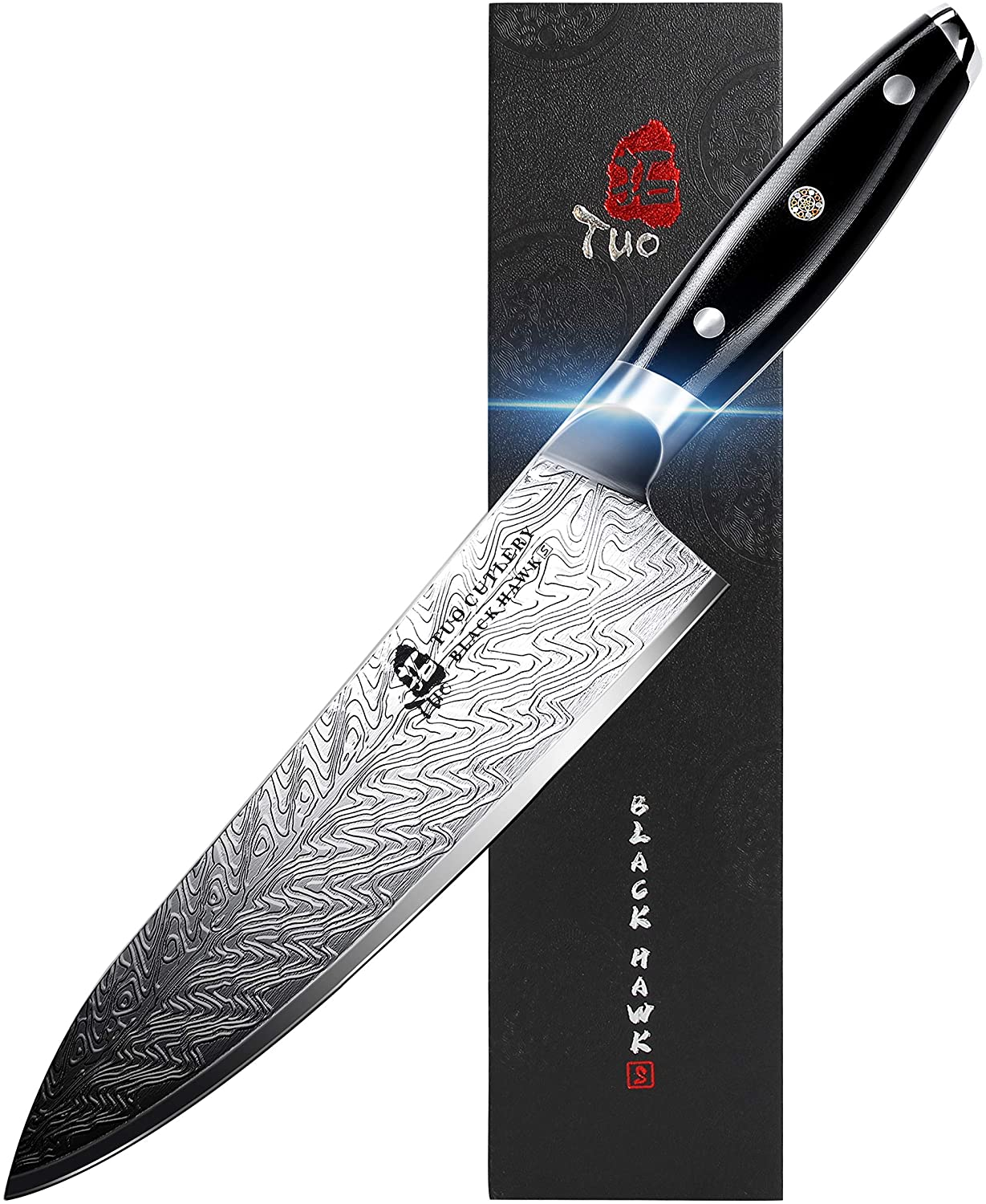 TUO Chef Knife - Kitchen Knives 8-Inch High Carbon Stainless Steel - Pro Chef S Vegetable Meat Knife with G10 Full Tang Handle - Black Hawk-S Series Knives Including Gift Box