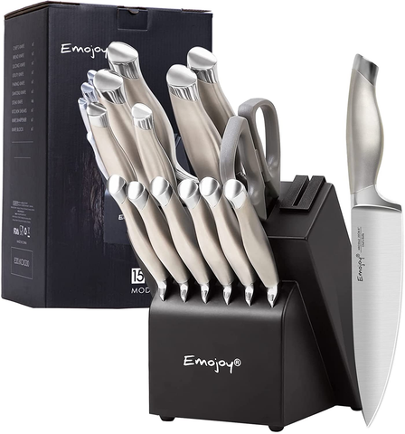 Image of Emojoy Knife Set with Block, 15 Pieces Kitchen Knife Set with Built-In Sharpener, German Stainless Steel Sharp Chef Knife Set with Hollow Handle, Dishwasher Safe and Rust Proof, Grey