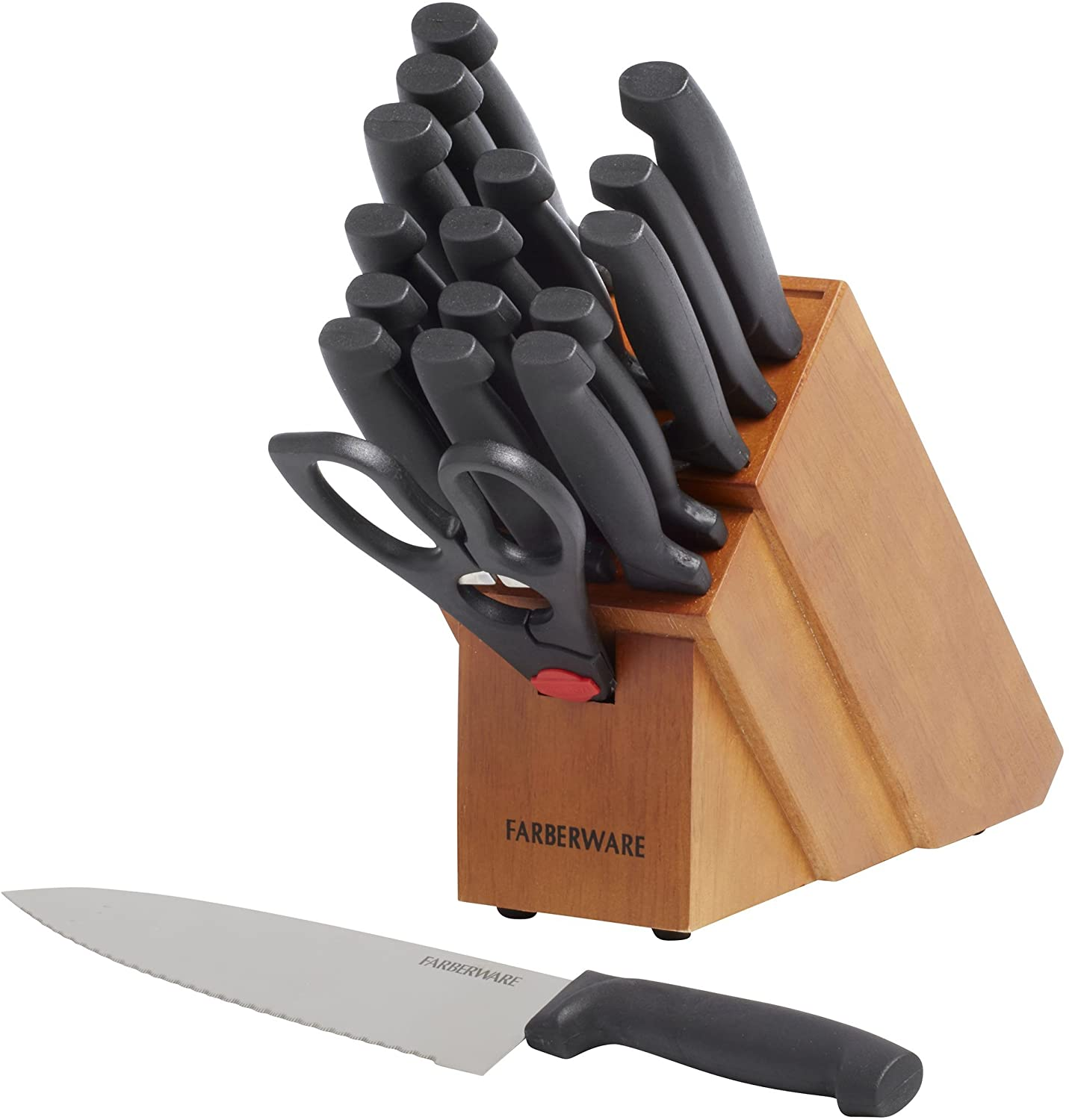 Farberware 18-Piece Never Needs Sharpening High-Carbon Stainless Steel Knife Block Set with Non-Slip Handles, Black