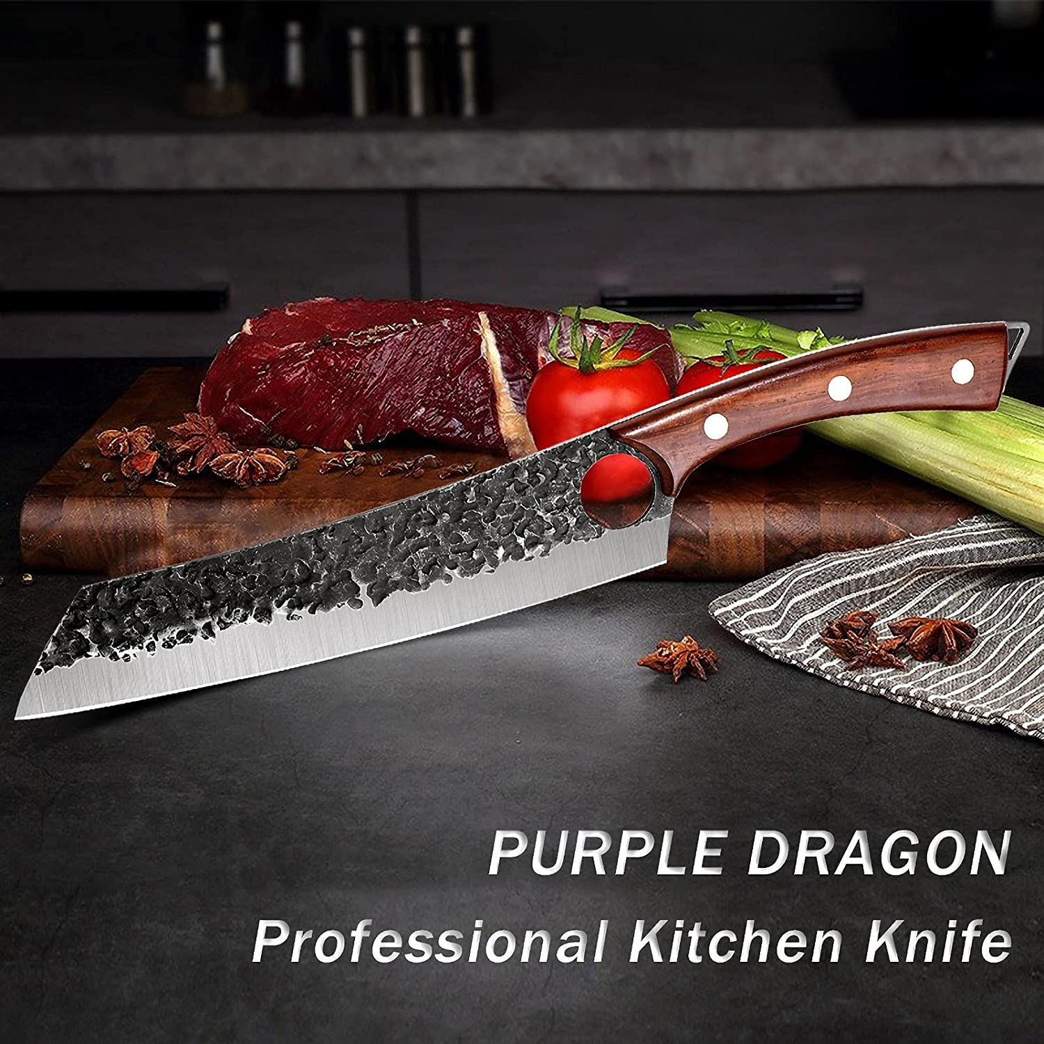 Purple Dragon Chef Knife Meat and Vegetable Cleaver Knife Hand Forged Boning Knife 8.5 Inch Full Tang Design High Carbon Steel Kitchen Knife for Home Kitchen Restaurant