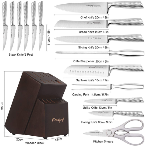 Image of Knife Set, Emojoy 16-Piece Kitchen Knife Set with Block Wooden Carving Fork, Ripple German Stainless Steel Knife Block Set, Hollow Handle for Chef Knife Set with Sharpener and Scissors