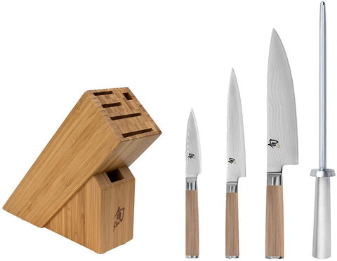 Image of Shun Classic Blonde 5 Piece Starter Knife Block Set; Chef’S, Utility, and Paring Knives with Honing Steel and Block; Pakkawood Handles, VG-MAX Blades , Large
