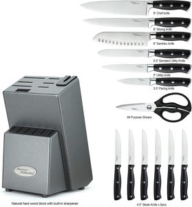 Marco Almond KYA31 Japanese Stainless Steel Knives Set, 14 Pieces Cutlery Set Kitchen Knife Sets in Hard Wood Block with Built in Sharpener, Full Tang Knife Block Set, Graphite Block, Best Gift