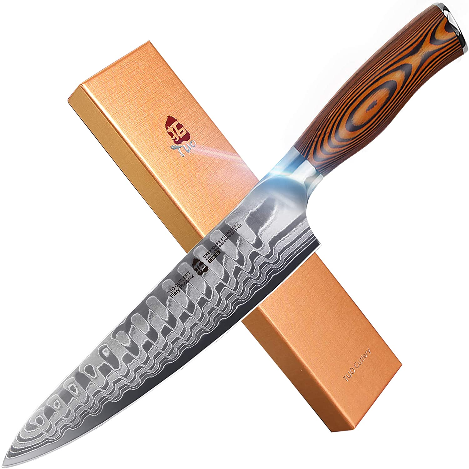 TUO Damascus Chef'S Knife - Kitchen Knives - Japanese AUS10 HC 67 Layers Steel with Dragon Pattern - Ergonomic Pakkawood Handle - 8" - Fiery Phoenix Series Including Gift Box