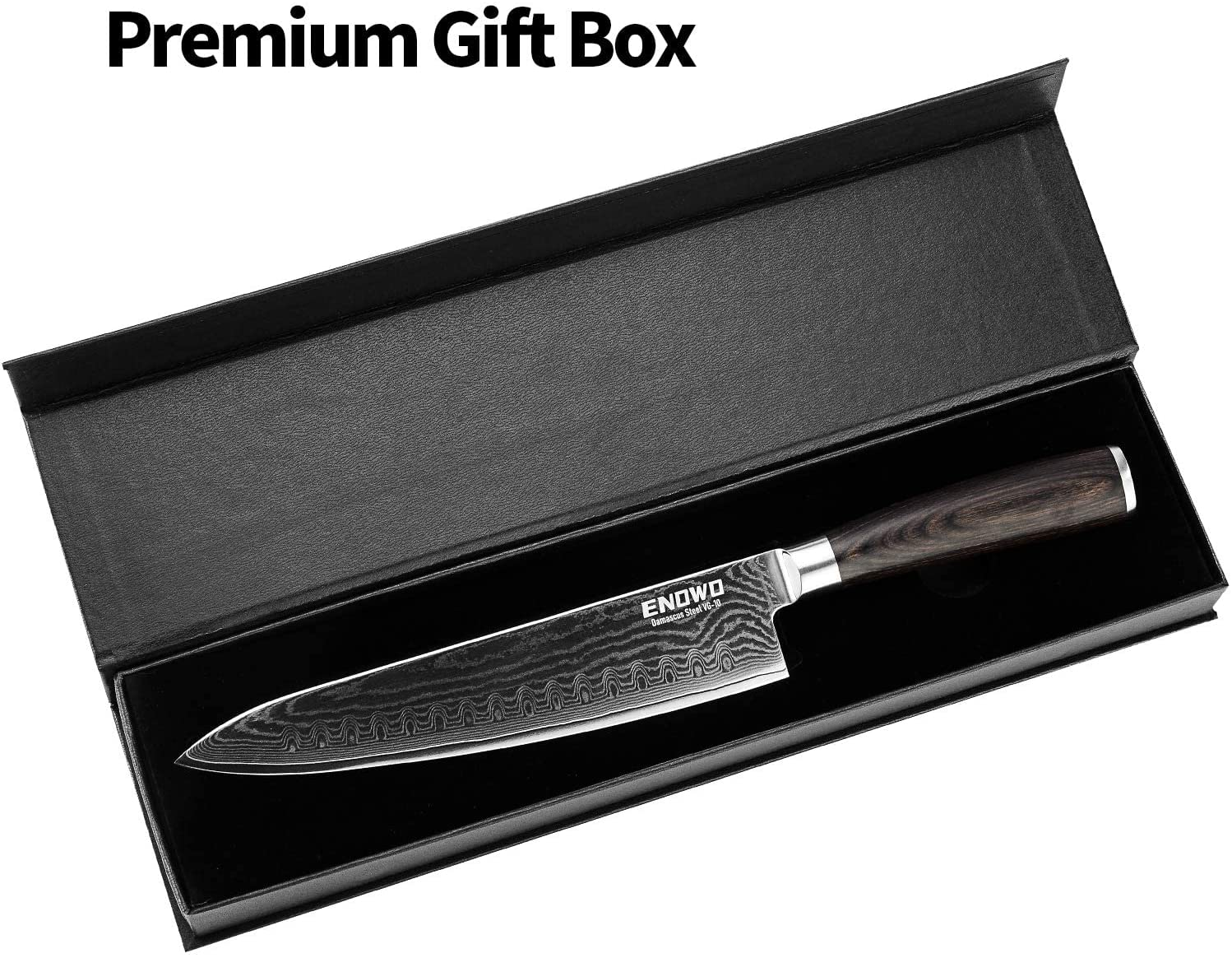 Enowo Damascus Chef Knife 8 Inch with Clad Dimple,Razor Sharp Kitchen Carving Sushi Knife Made of Japanese VG-10 Stainless Steel,Gift Box,Ergonomic, Superb Edge Retention, Stain & Corrosion Resistant