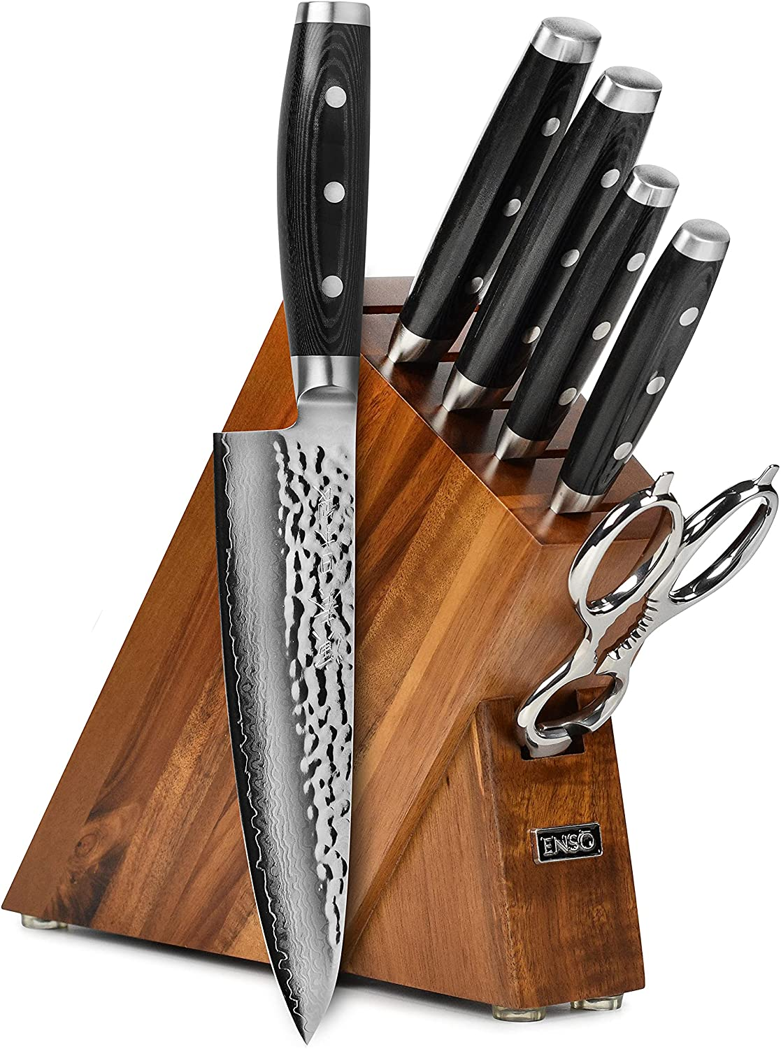 Enso Knife Set - Made in Japan - HD Series - VG10 Hammered Damascus Japanese Stainless Steel with Slim Acacia Knife Block - 7 Piece