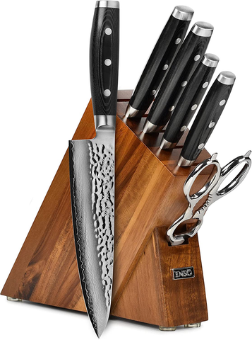 Image of Enso Knife Set - Made in Japan - HD Series - VG10 Hammered Damascus Japanese Stainless Steel with Slim Acacia Knife Block - 7 Piece