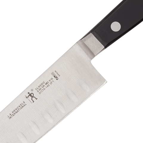 Image of HENCKELS Classic Hollow Edge Santoku Knife, 5-Inch, Black/Stainless Steel