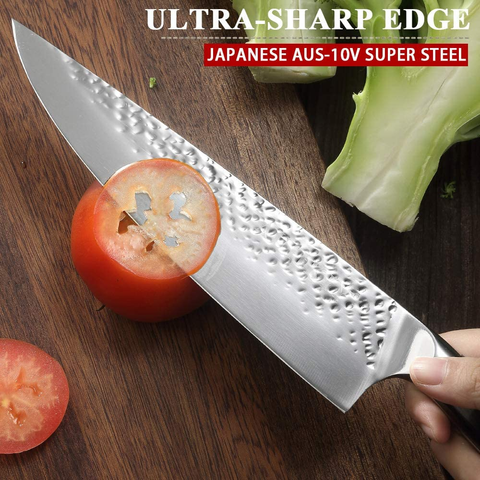 Image of Pro Chef Knife 8 Inch, Japanese AUS-10V Super Stainless Steel Kitchen Knife with Hammer Finish, Chefs Knife with a Triple-Riveted Ergonomic Handle, Professional Durable Cooking Knife with Gift Box