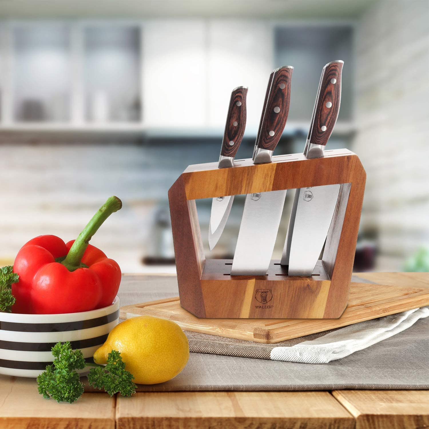 WALLOP Kitchen Knife Set - 7 Piece Knife Set with Wooden Block - German 1.4116 HC Steel Kitchen Sets - Triple Rivet Pakkawood Handle Professional Sharp Knife Block Set - Jane Series