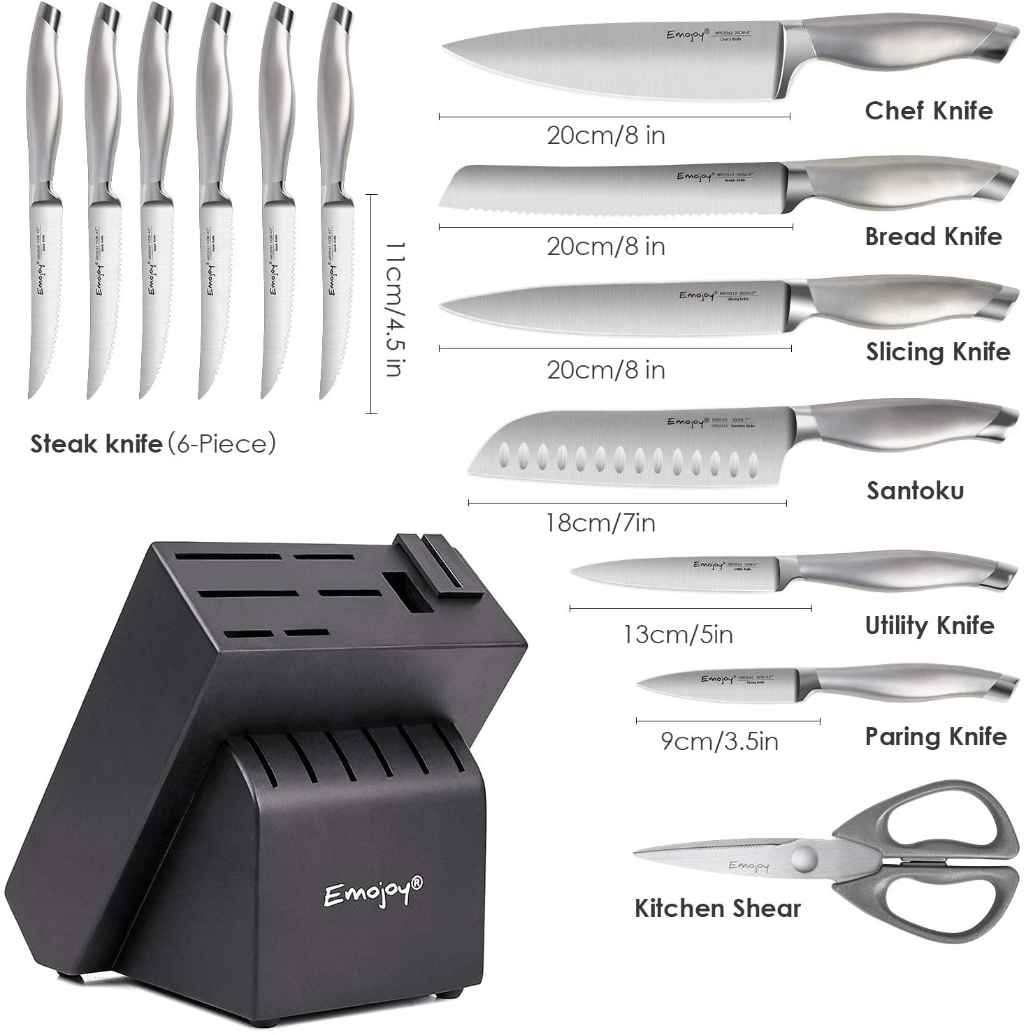 Emojoy Knife Set with Block, 15 Pieces Kitchen Knife Set with Built-In Sharpener, German Stainless Steel Sharp Chef Knife Set with Hollow Handle, Dishwasher Safe and Rust Proof, Grey