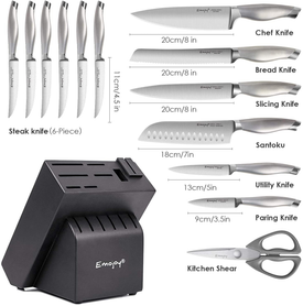 Emojoy Knife Set with Block, 15 Pieces Kitchen Knife Set with Built-In Sharpener, German Stainless Steel Sharp Chef Knife Set with Hollow Handle, Dishwasher Safe and Rust Proof, Grey
