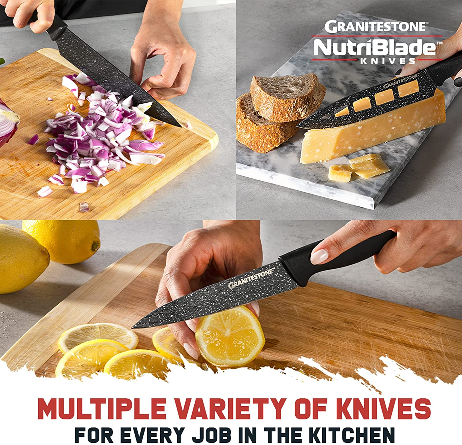 Nutriblade 6 PC Knife Set by Granitestone, Professional Kitchen Chef’S Knives with Ultra Sharp Stainless Steel Blades and Nonstick Granite Coating, Easy-Grip Handle, Rust-Proof, Dishwasher-Safe, Black