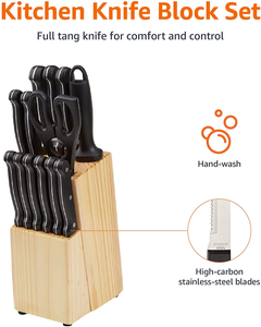 Amazon Basics 14-Piece Kitchen Knife Block Set, High-Carbon Stainless Steel Blades with Pine Wood Knife Block
